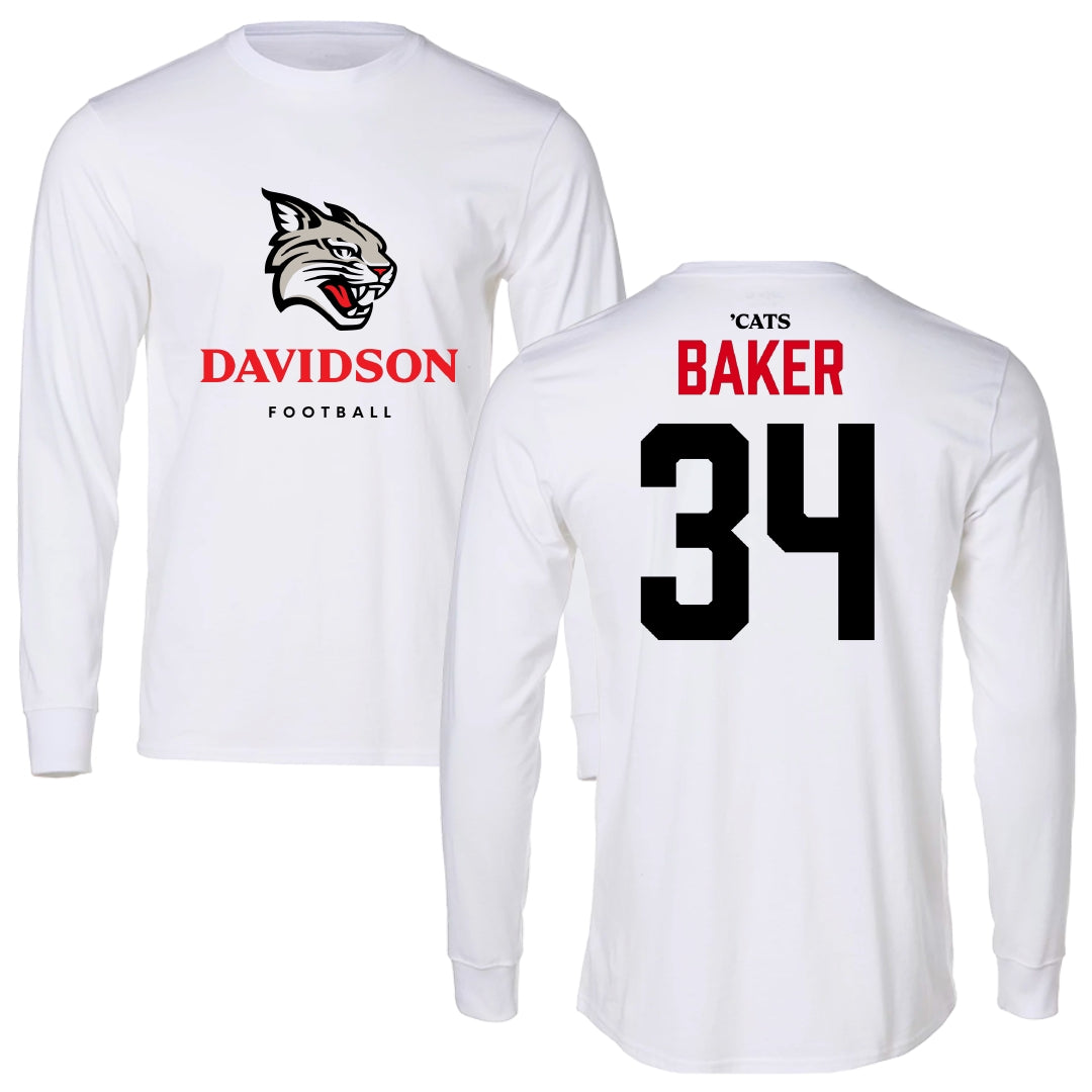 Davidson College Football White Performance Long Sleeve - #34 Brice Baker