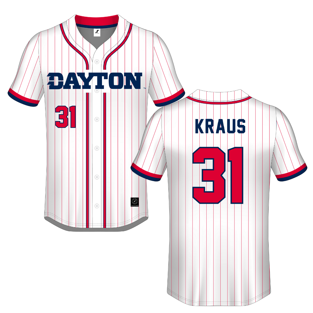 University of Dayton White Pinstripe Button-Down Jersey - #31 Jared Kraus