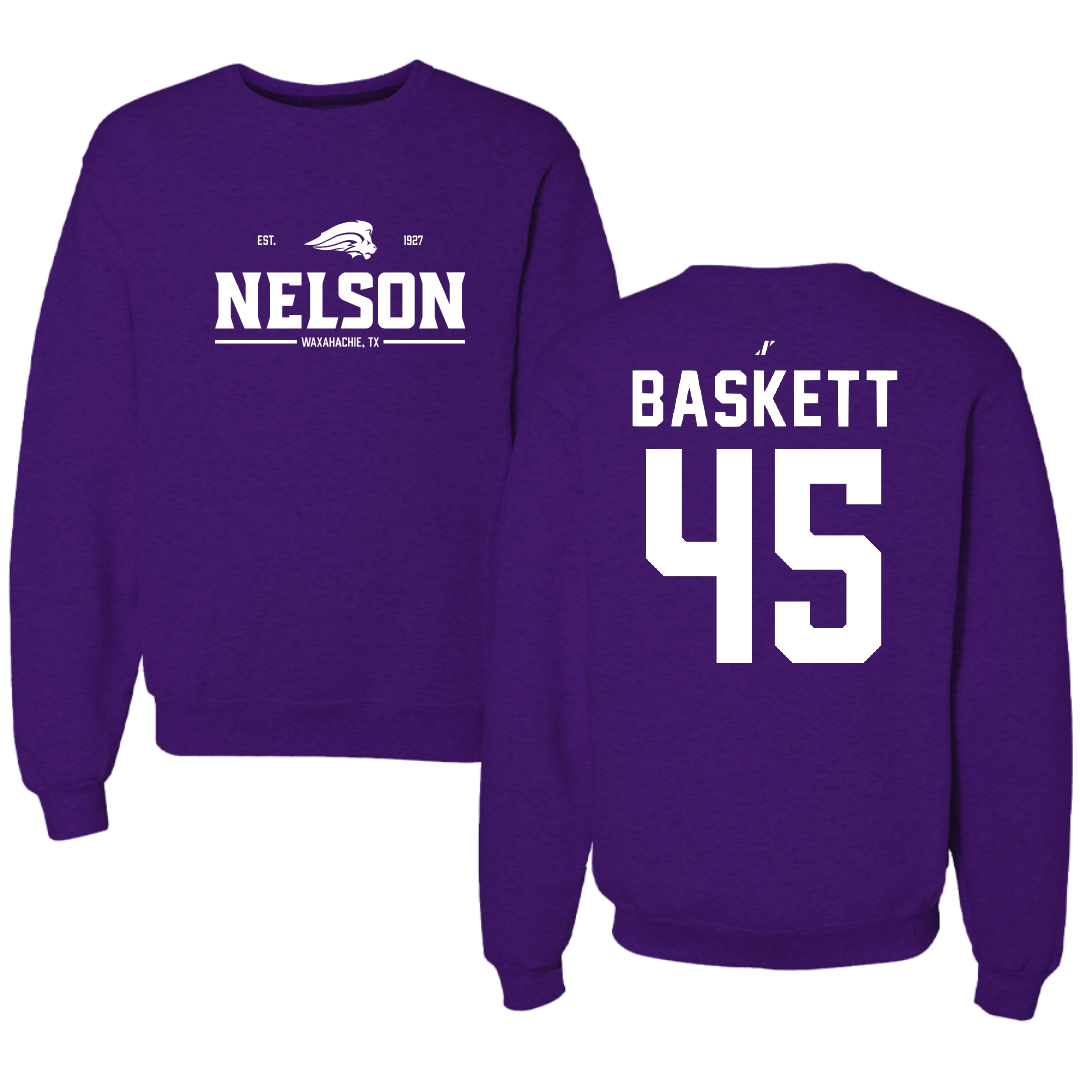 Nelson University Football Purple General Crewneck - #45 Riggin Baskett