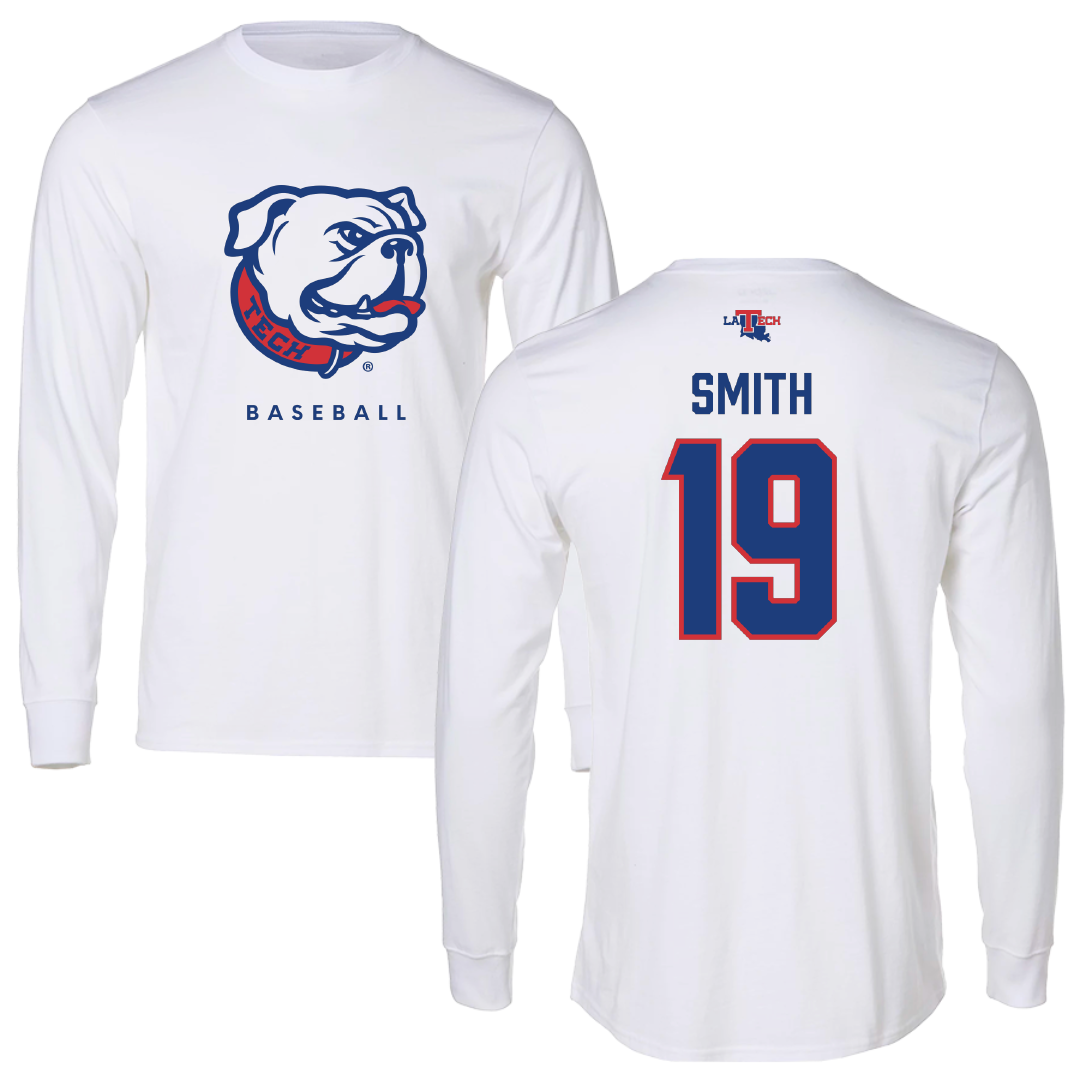 Louisiana Tech University Baseball White Performance Long Sleeve - #19 Luke Smith