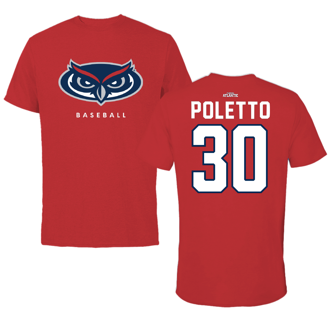 Florida Atlantic University Baseball Red Jersey Performance Tee - #30 Jacob Poletto