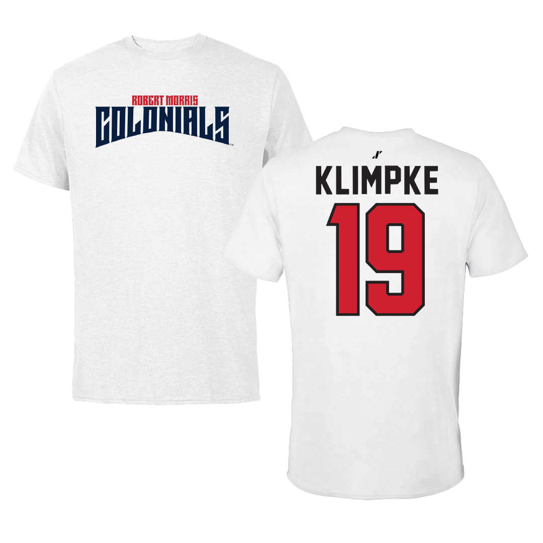 Robert Morris University Ice Hockey White Classic Performance Tee - #19 Tanner Klimpke