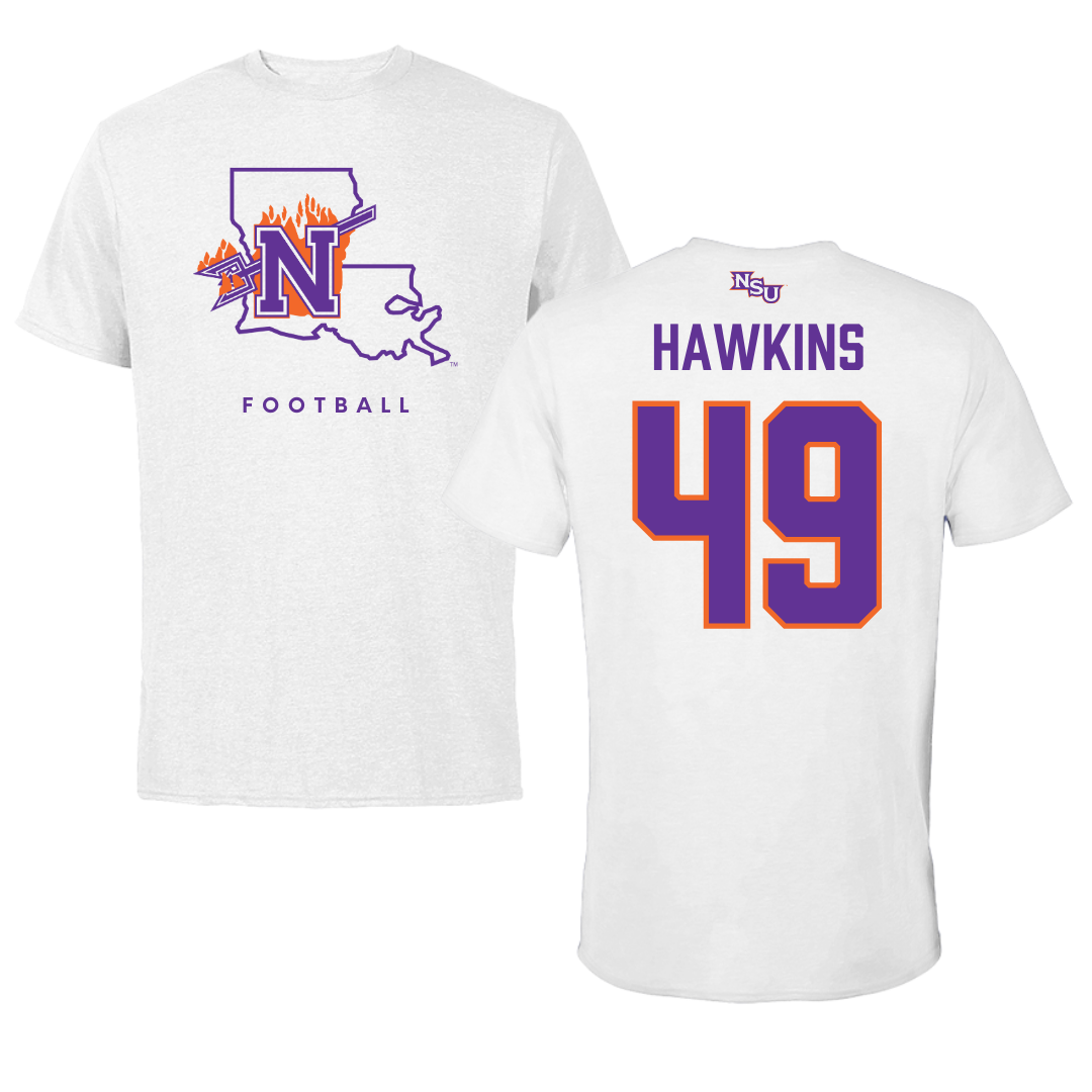 Northwestern State University Football White Performance Tee - #49 Christian Hawkins