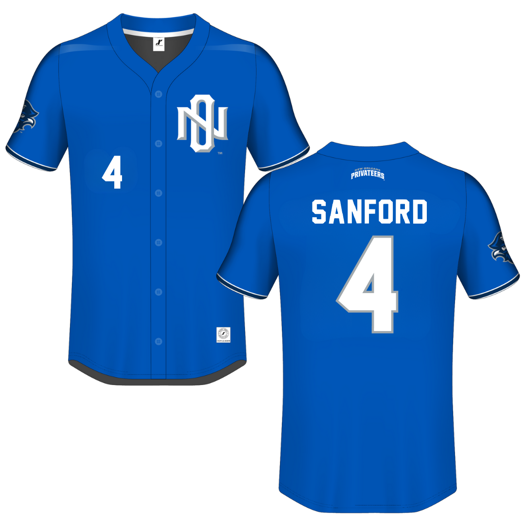 University of New Orleans Blue Button-Down Jersey - #4 Mitchell Sanford