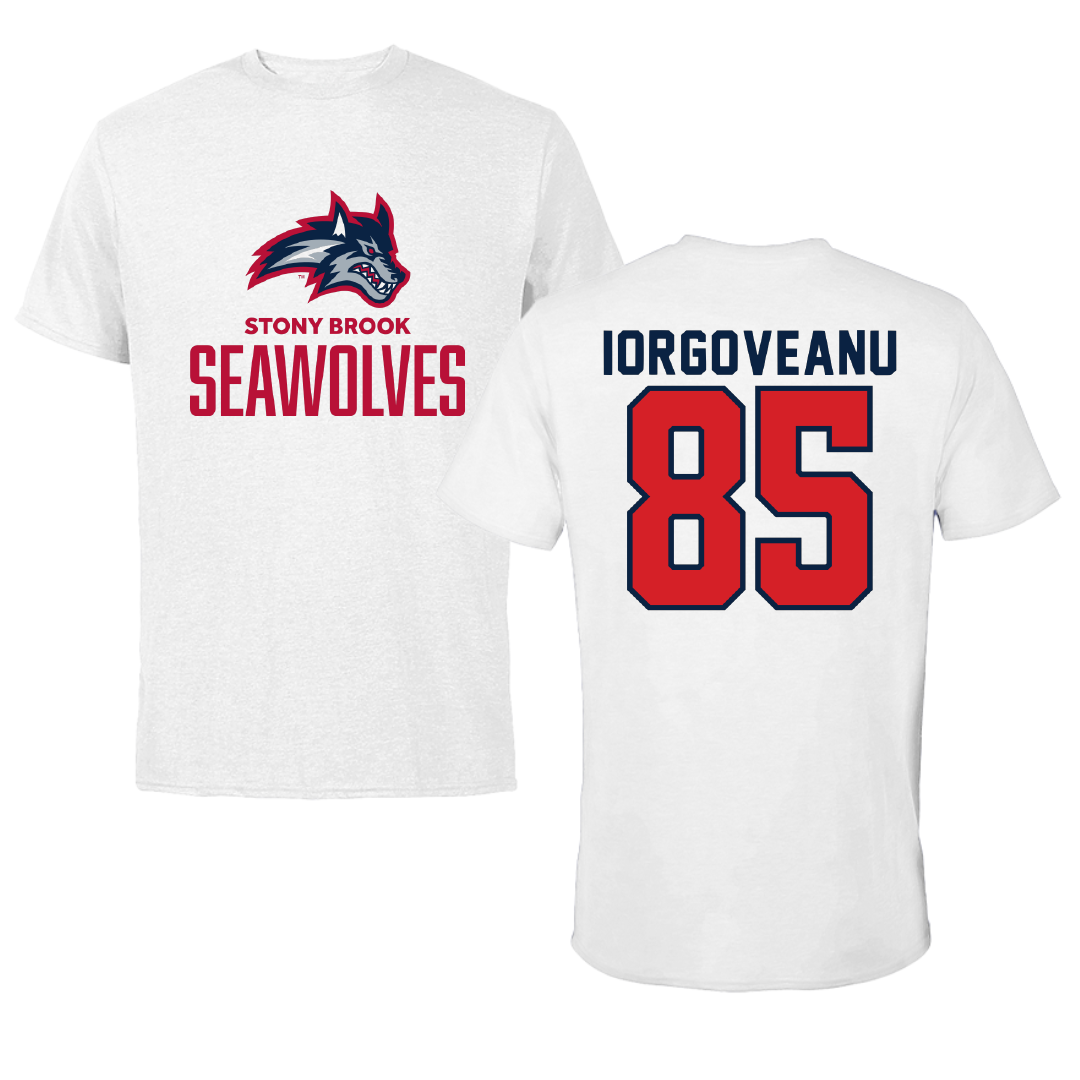 Stony Brook University Football White Tee - #85 Dylan Iorgoveanu