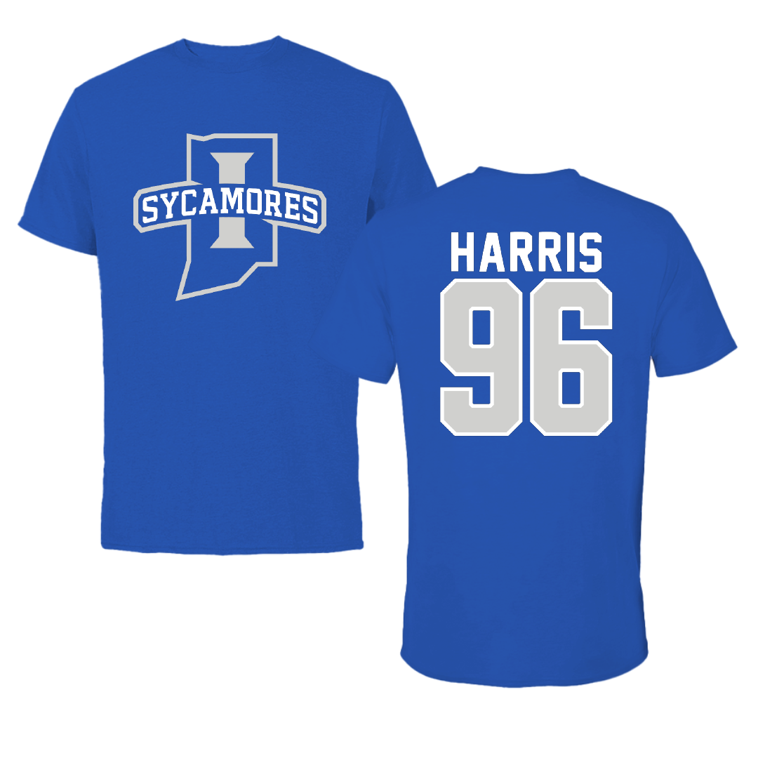 Indiana State University Football Blue Mascot Performance Tee - #96 Kaleb Harris