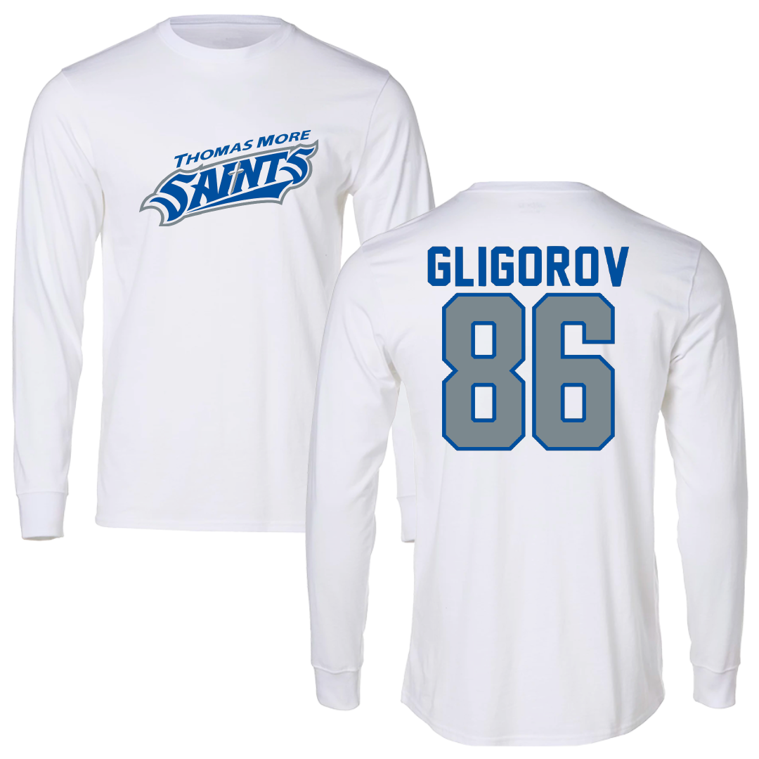 Thomas More University Football White Performance Long Sleeve - #86 Ilia Gligorov