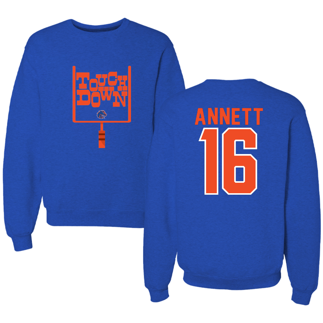 Boise State University Football Blue Touchdown Crewneck - #16 Kaleb Annett