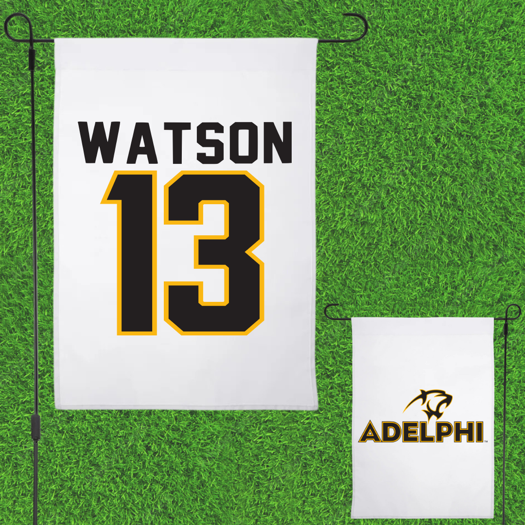 Adelphi University Soccer White Garden Flag - #13 Andrew Watson