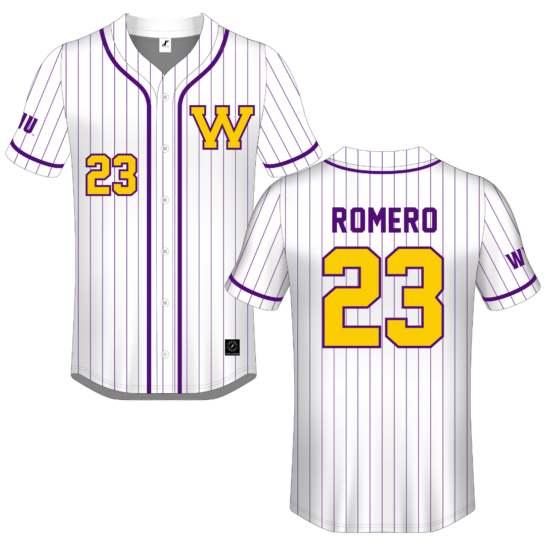 Western Illinois University White Pinstripe Button-Down Jersey - #23 Jorge Romero