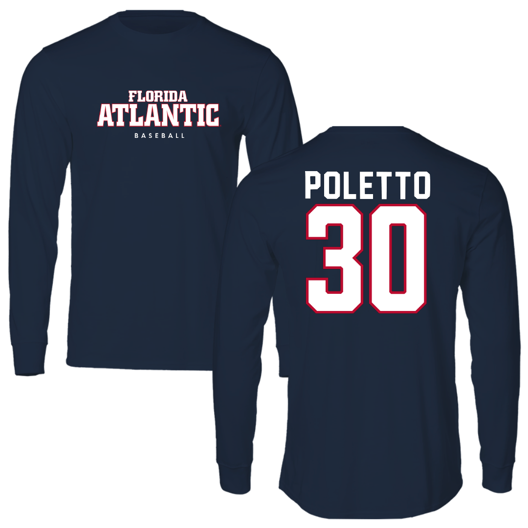 Florida Atlantic University Baseball Navy Block Long Sleeve - #30 Jacob Poletto