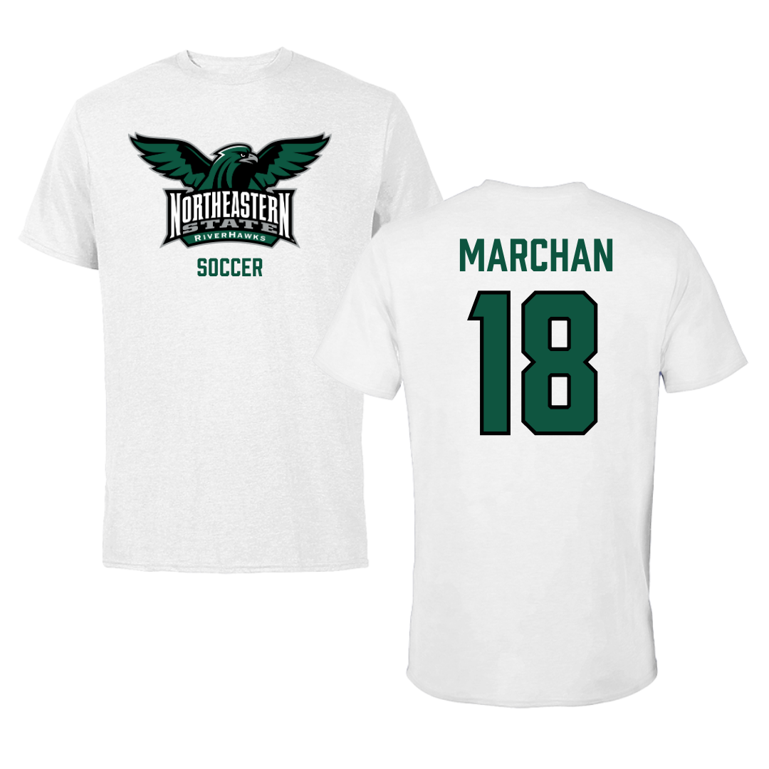 Northeastern State University Soccer White Tee - #18 Edson Marchan