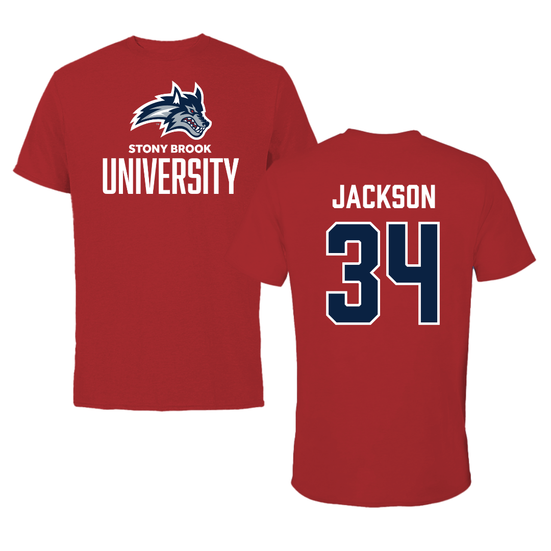 Stony Brook University Baseball Canvas Red Tee - #34 Matt Jackson