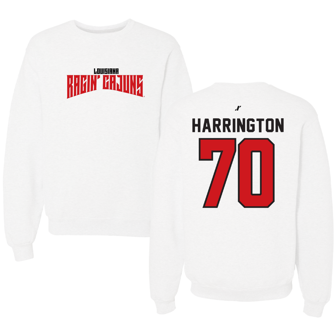 University of Louisiana at Lafayette Football White Classic Crewneck - #70 Jax Harrington