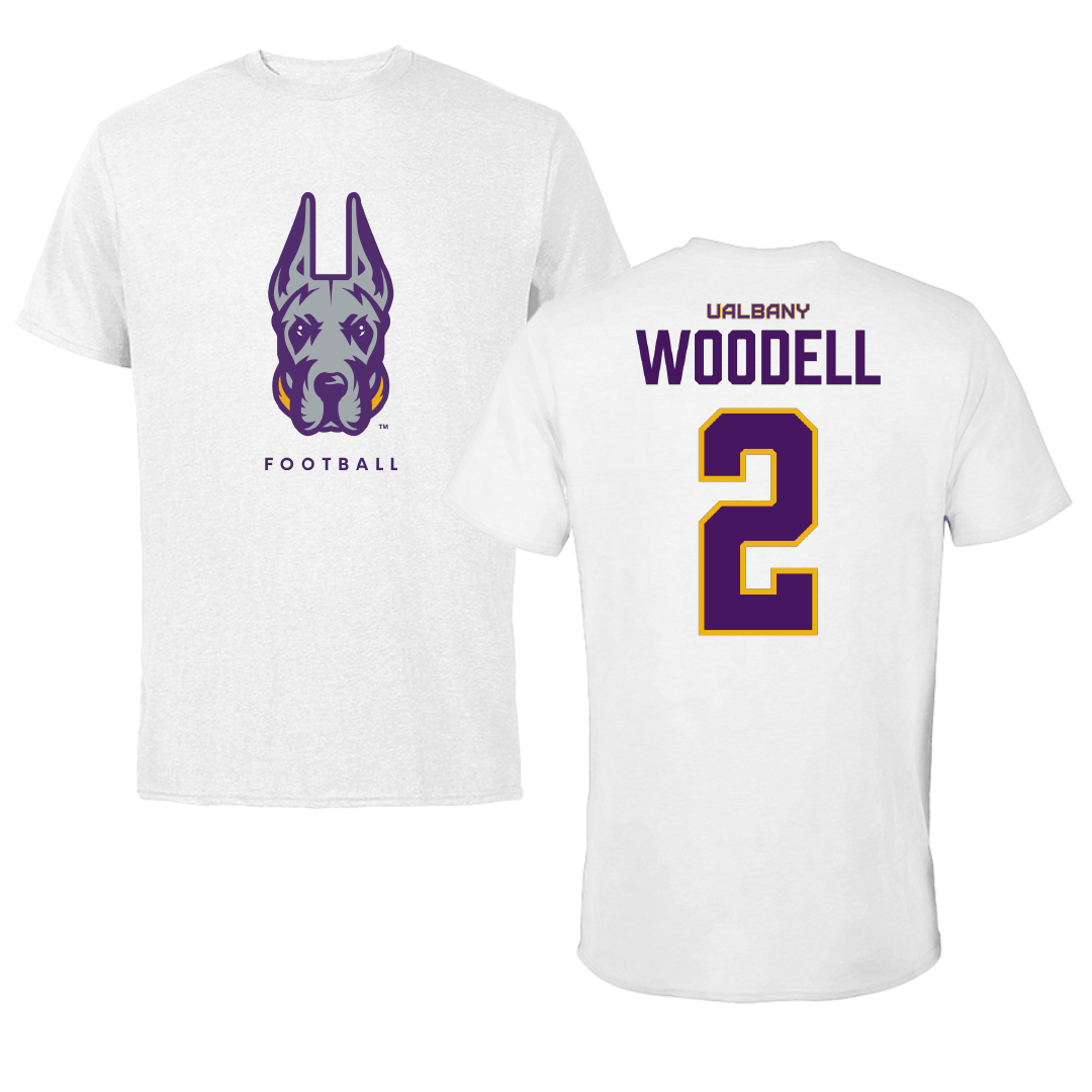 University at Albany Football White Mascot Tee - #2 Griffin Woodell
