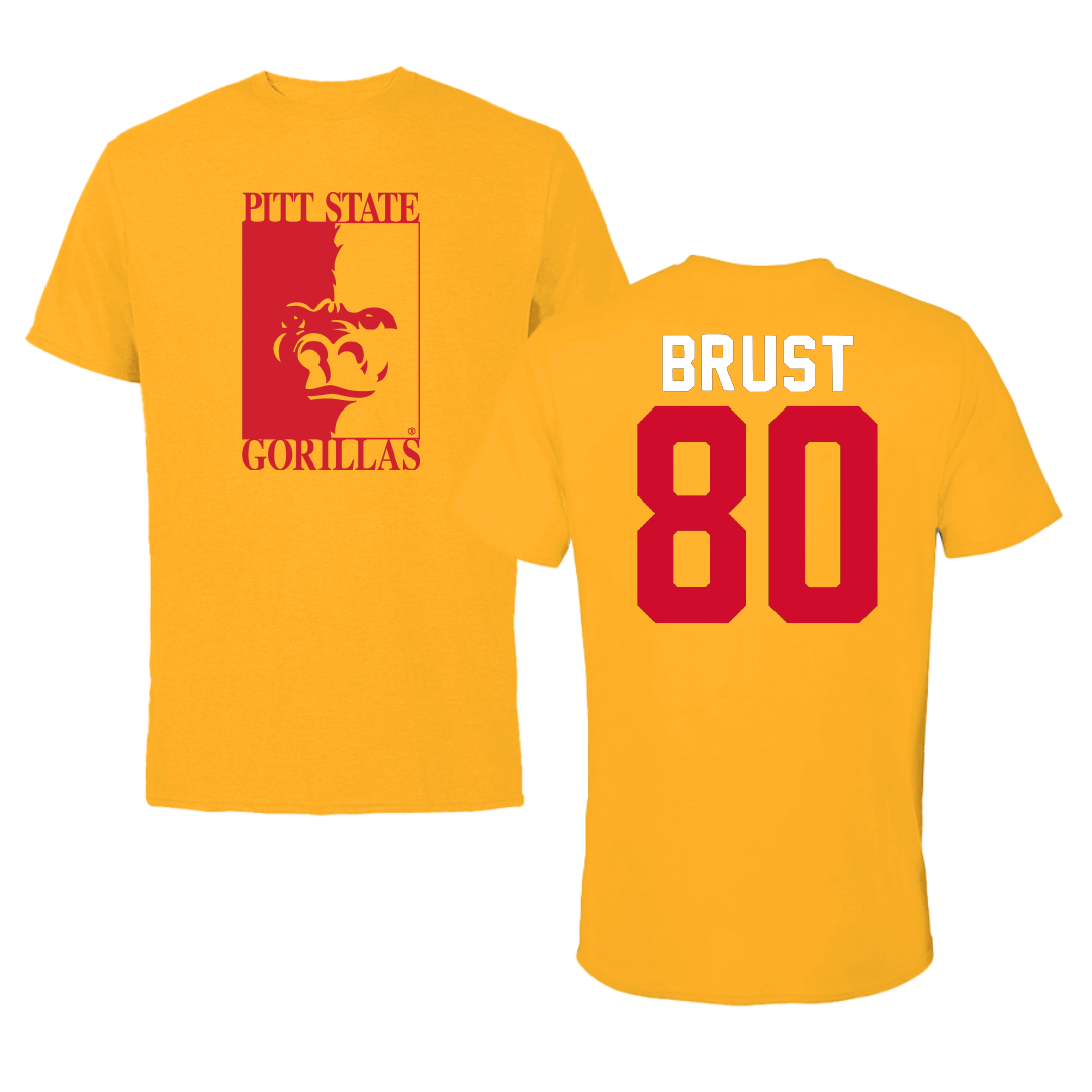 Pittsburg State University Football Gold Tee - #80 Jaxson Brust