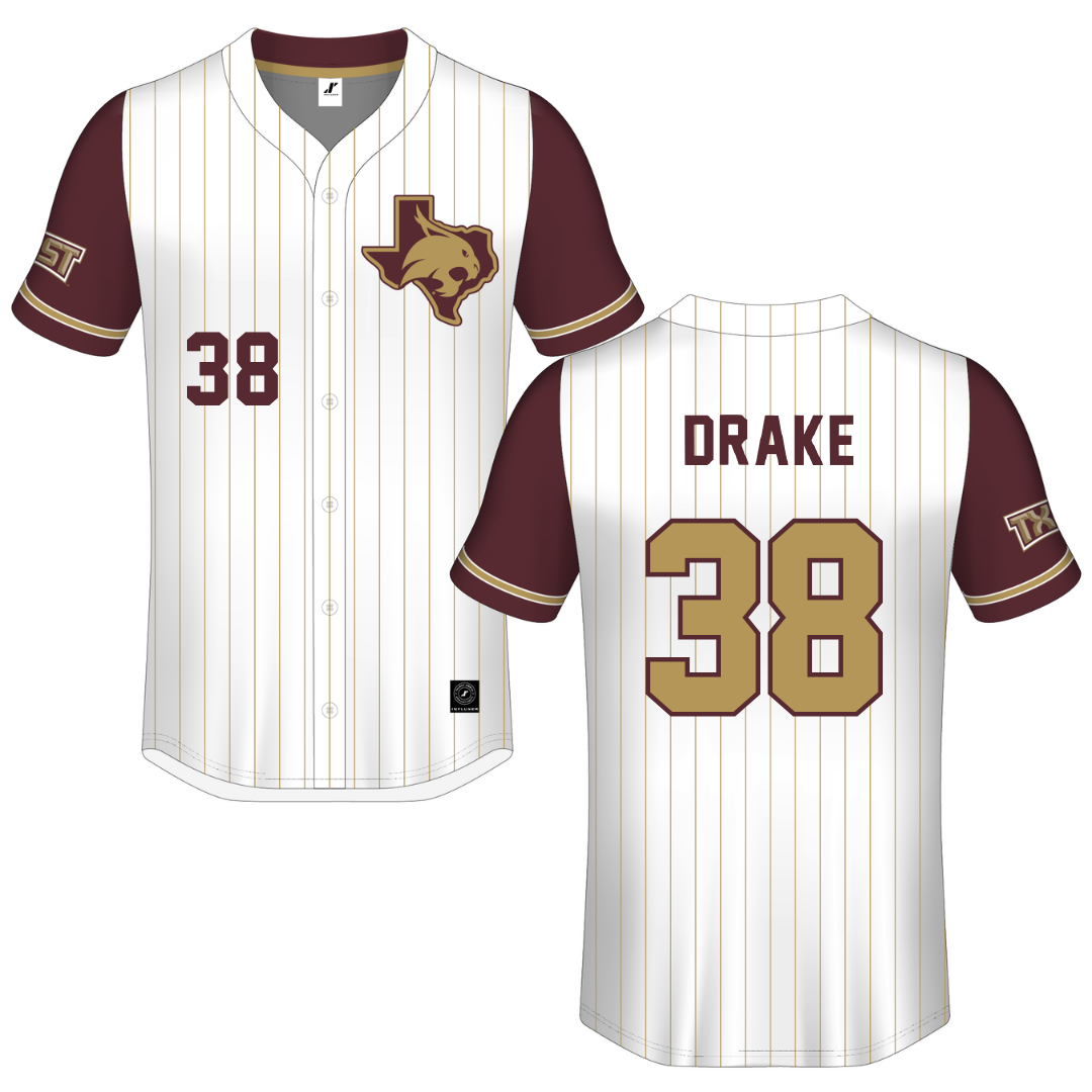 Texas State University White Pinstripe Button-Down Jersey - #38 Colten Drake