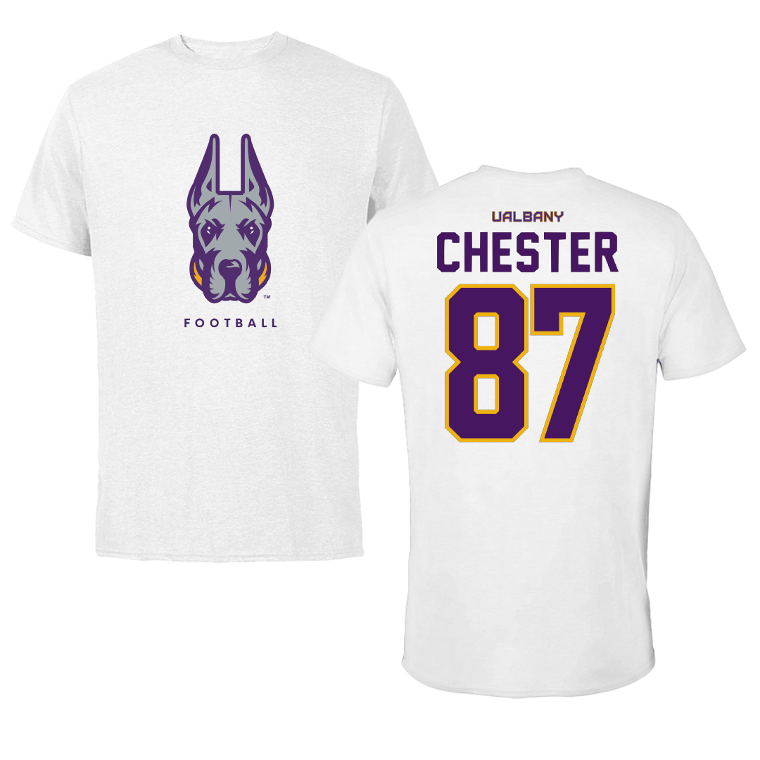 University at Albany Football White Mascot Tee - #87 Taden Chester
