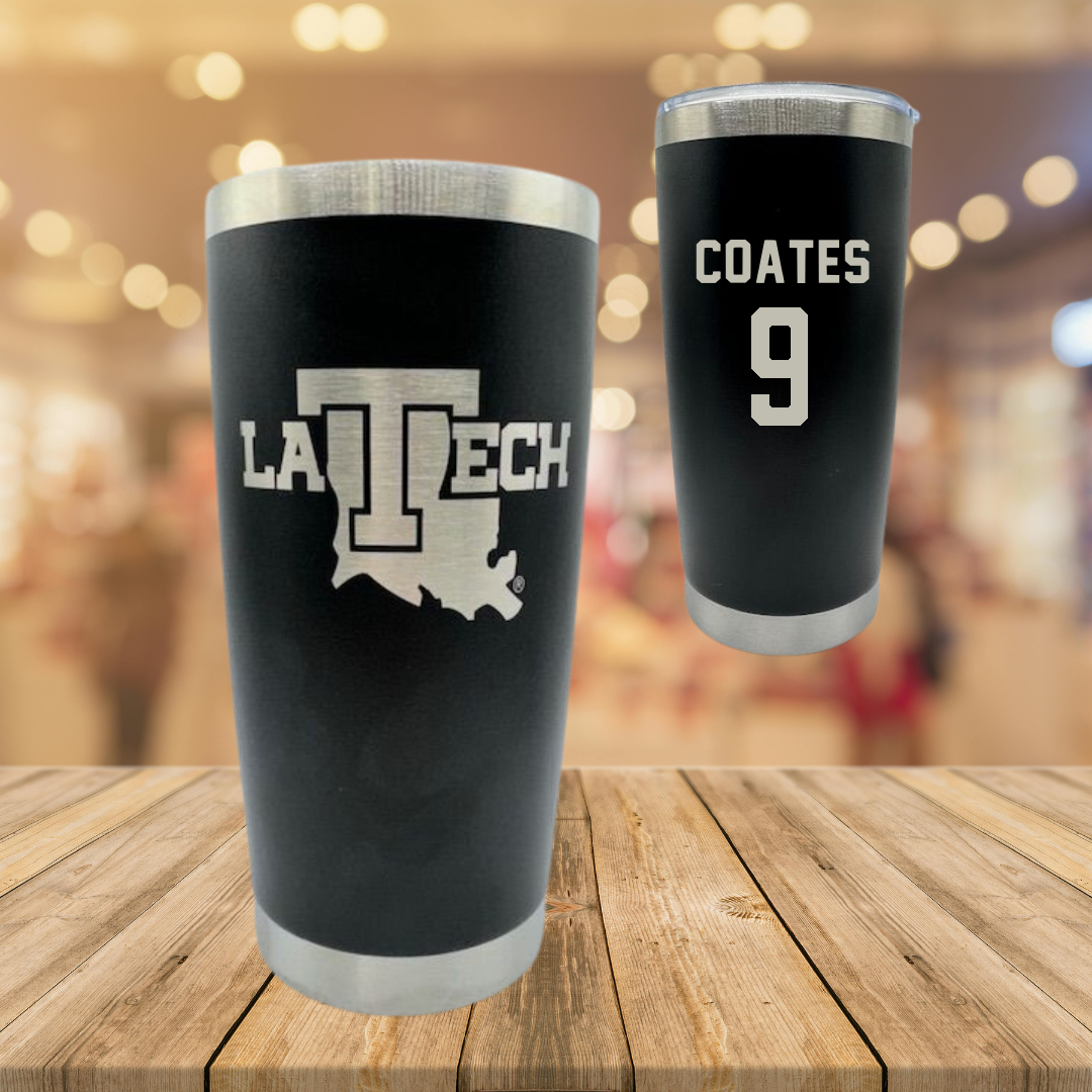 Louisiana Tech University Baseball Black Stainless Steel Tumbler - #9 Colton Coates