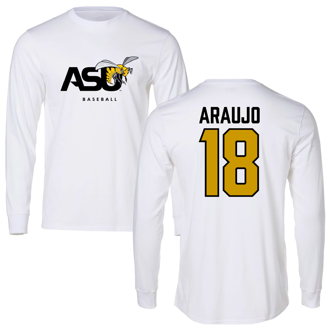 Alabama State University Baseball White Performance Long Sleeve - #18 Caio Araujo