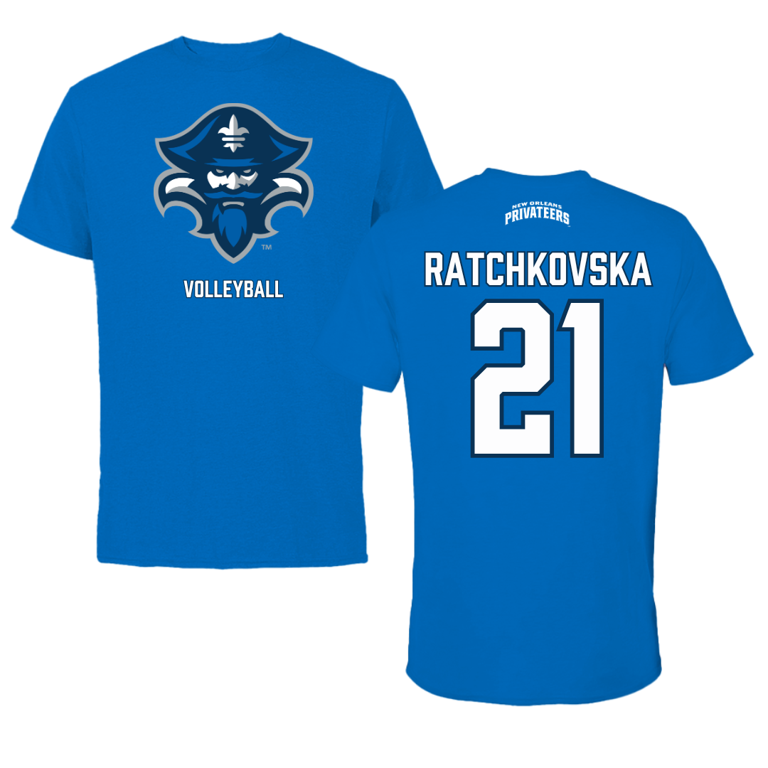 University of New Orleans Volleyball Blue Mascot Performance Tee - #21 Elani Ratchkovska