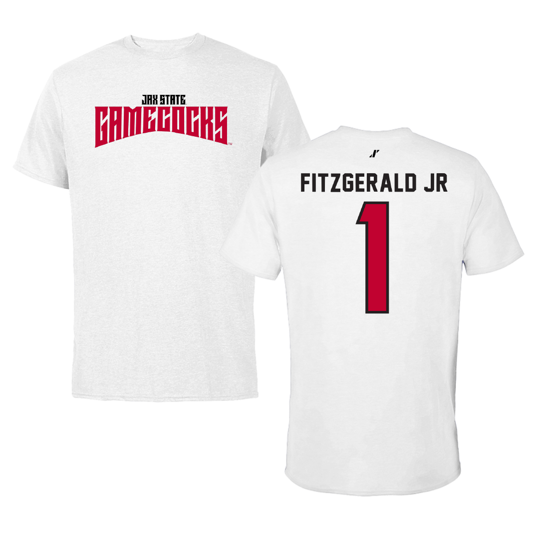 Jacksonville State University Basketball White Classics Performance Tee - #1 Marcus Fitzgerald Jr