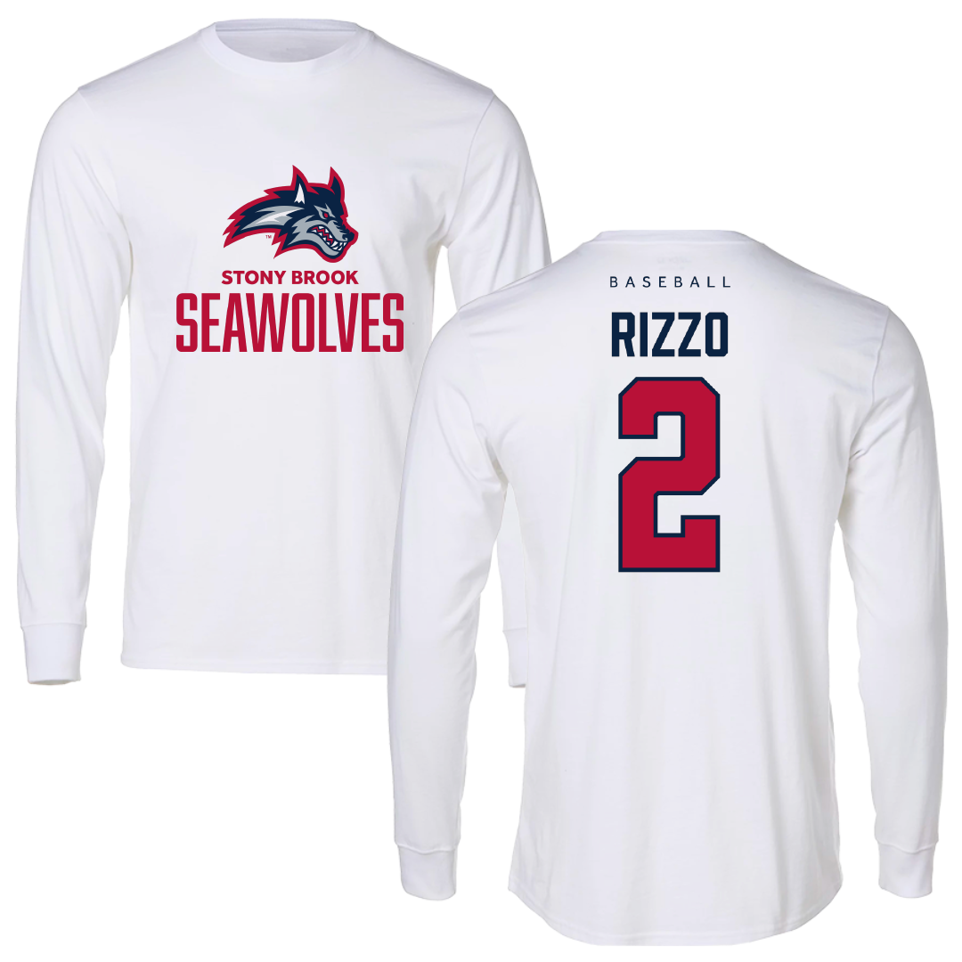 Stony Brook University Baseball White Performance Long Sleeve - #2 Nicholas Rizzo