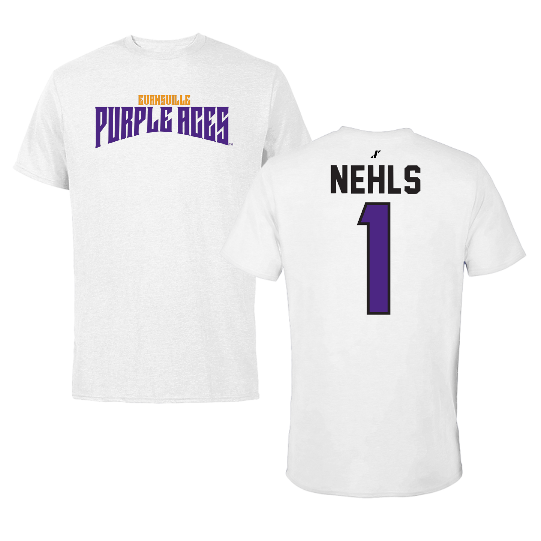 University of Evansville Baseball White Classic Tee - #1 Aaron Nehls