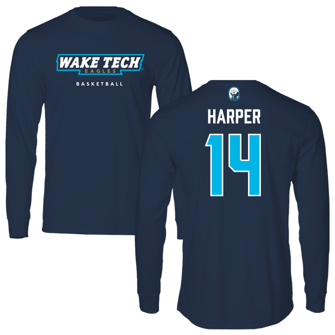 Wake Tech Community College Basketball Navy Performance Long Sleeve - #14 Kayjay Harper