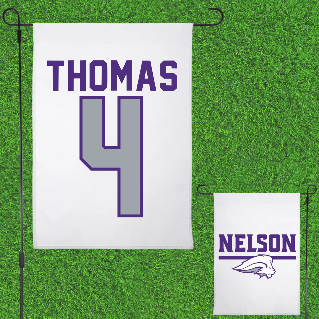 Nelson University Football White Garden Flag - #4 Aaron Thomas