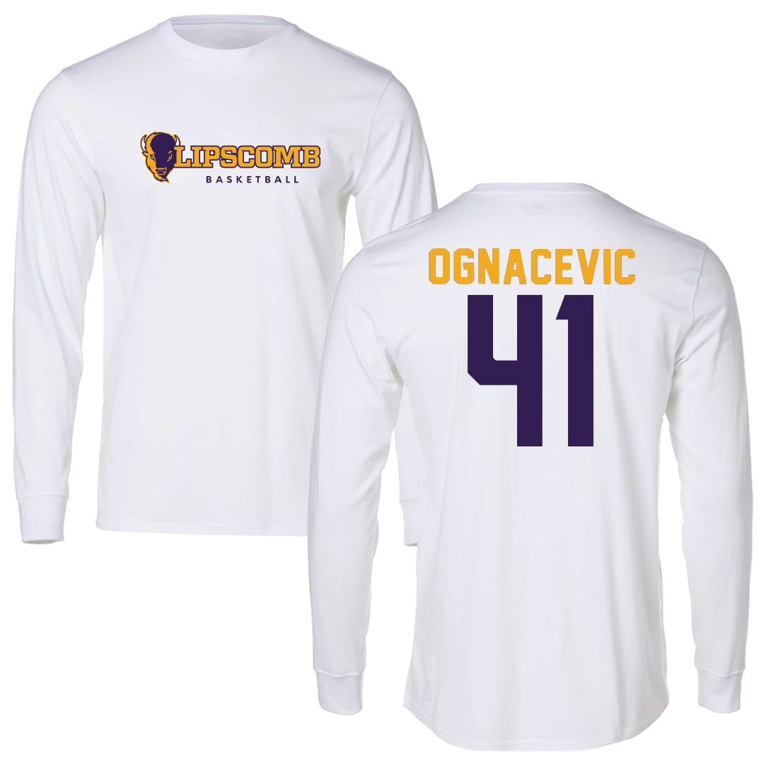 Lipscomb University Basketball White Performance Long Sleeve - #41 Jacob Ognacevic