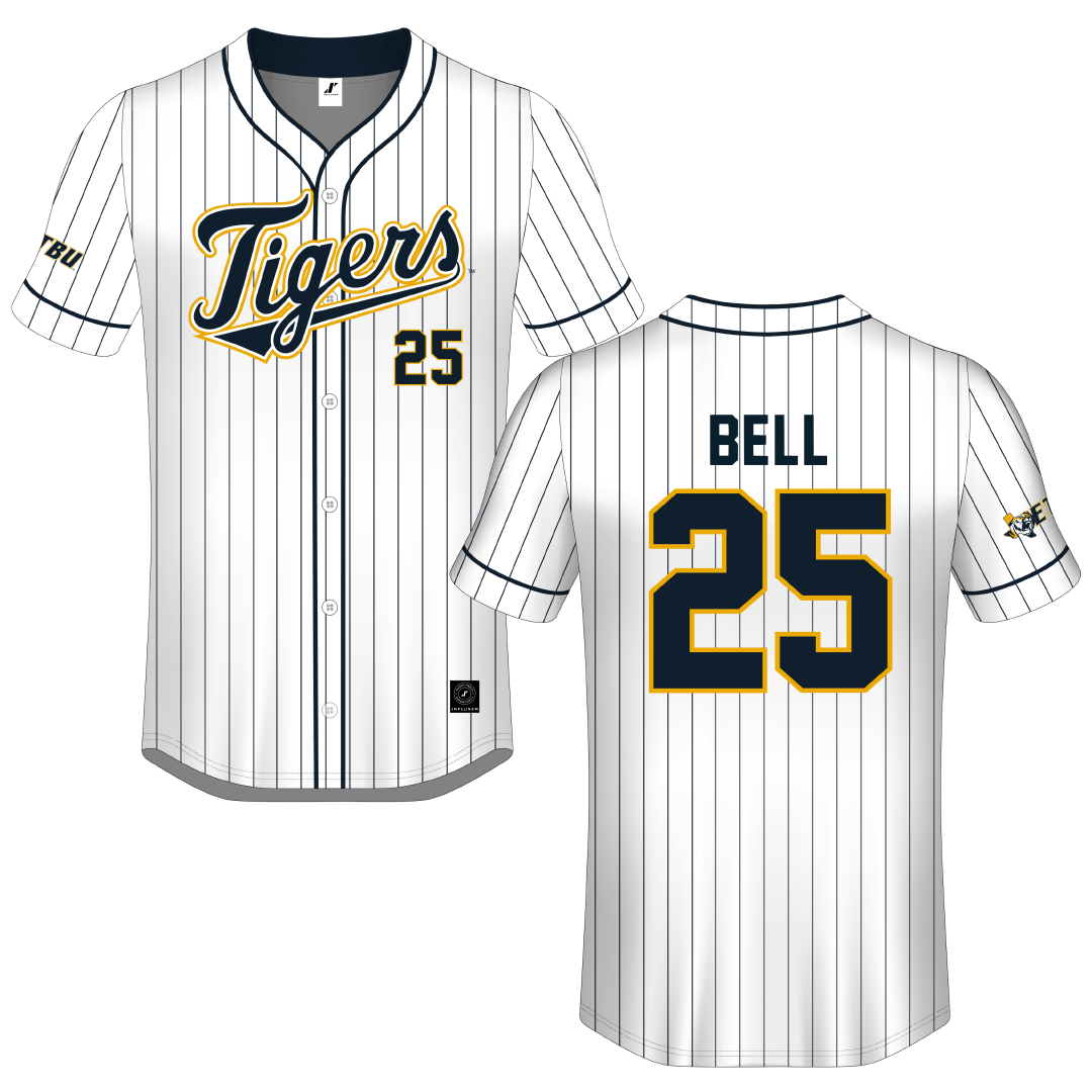 East Texas Baptist University White Pinstripe Button-Down Jersey - #25 Brooks Bell