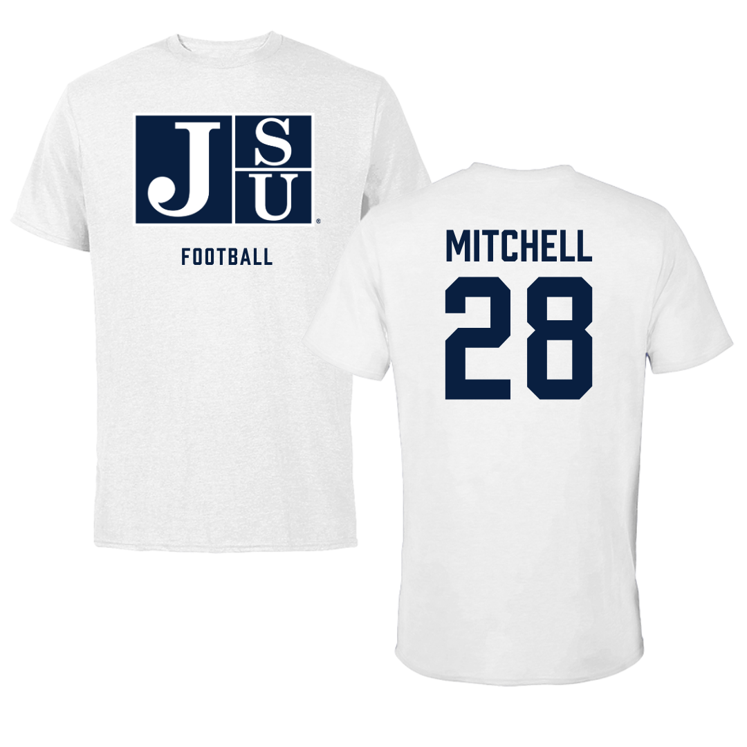 Jackson State University Football White Performance Tee - #28 Bruce Mitchell