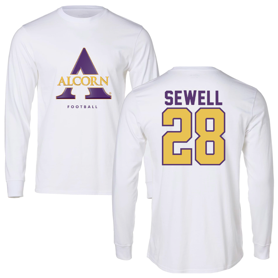 Alcorn State University Football White Performance Long Sleeve - #28 Jacorian Sewell