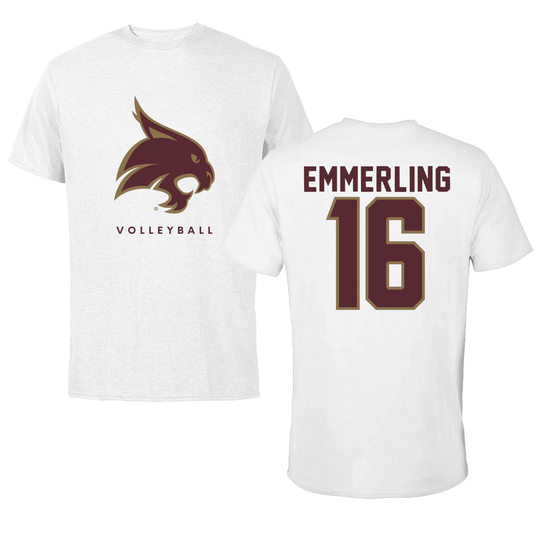 Texas State University Volleyball White Performance Tee - #16 Caelyn Emmerling