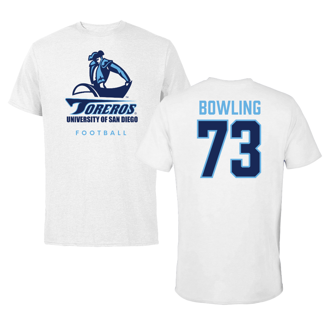 University of San Diego Football White Performance Tee - #73 Evans Bowling