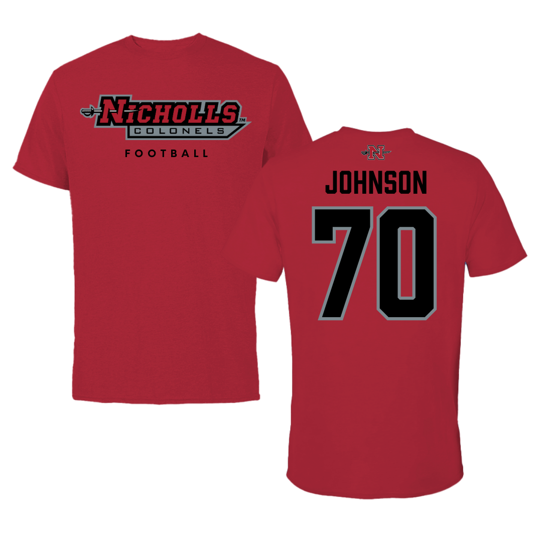 Nicholls State University Football Red Performance Tee - #70 Jacob Johnson