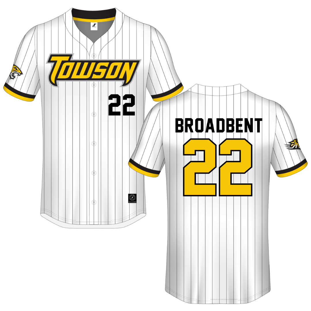 Towson University White Pinstripe Button-Down Jersey - #22 Taylor Broadbent