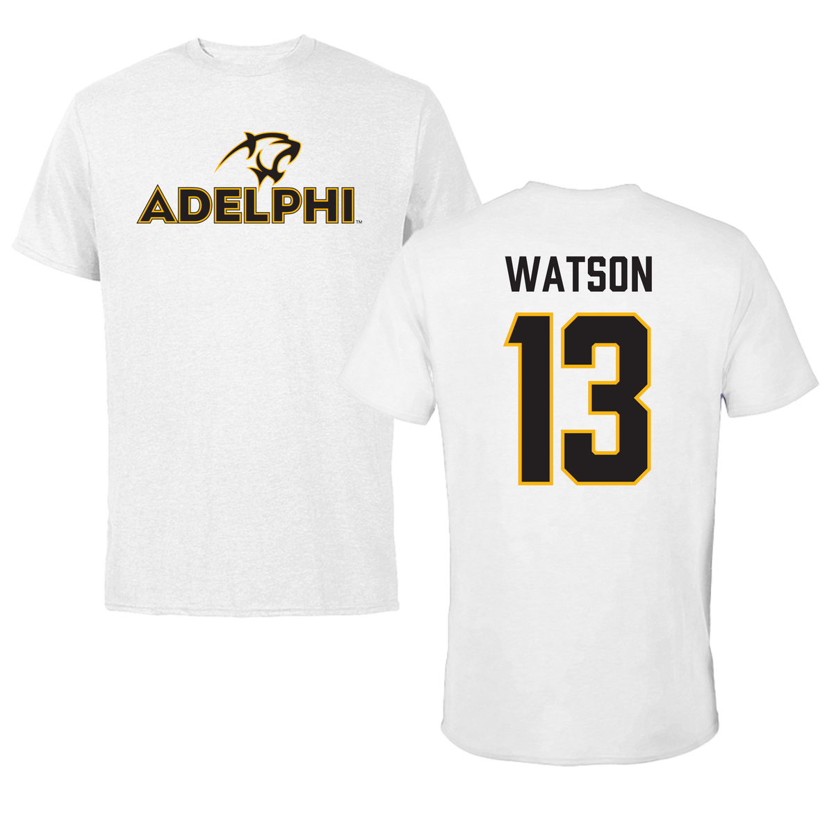 Adelphi University Soccer White Tee - #13 Andrew Watson