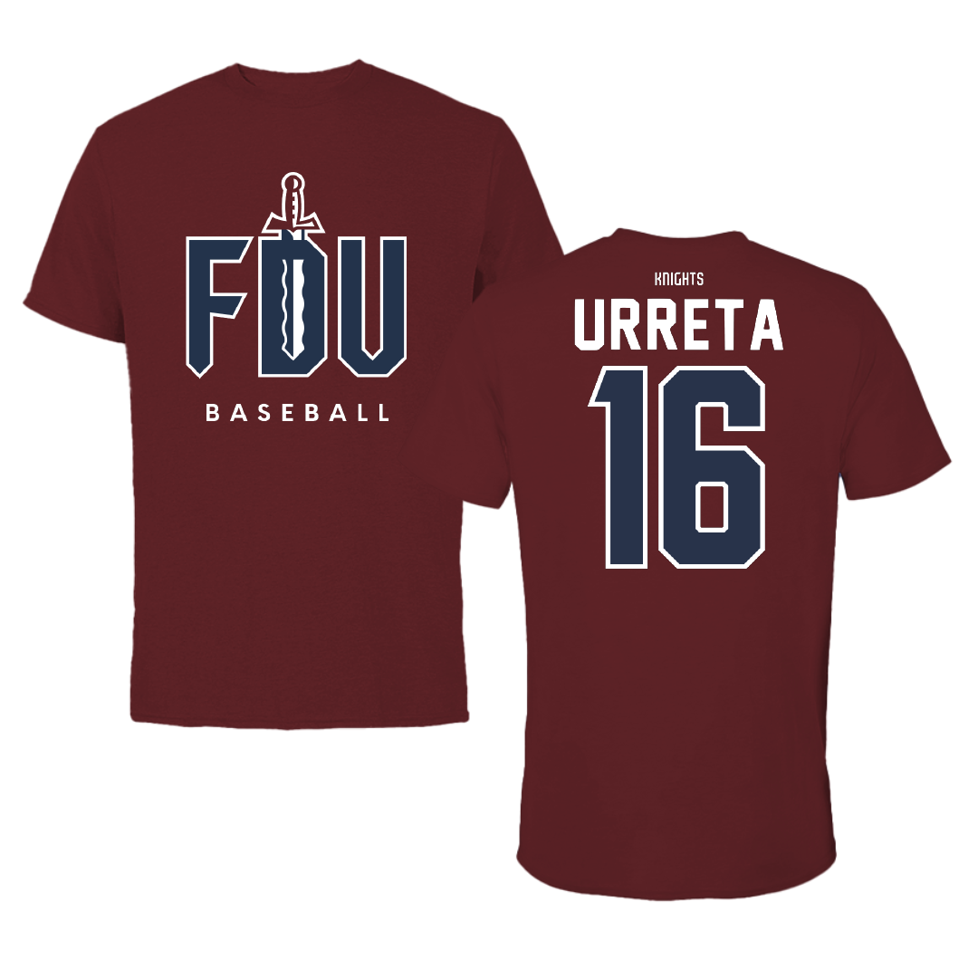 Fairleigh Dickinson University-Metropolitan Campus Baseball Maroon Performance Tee - #16 Diego Urreta