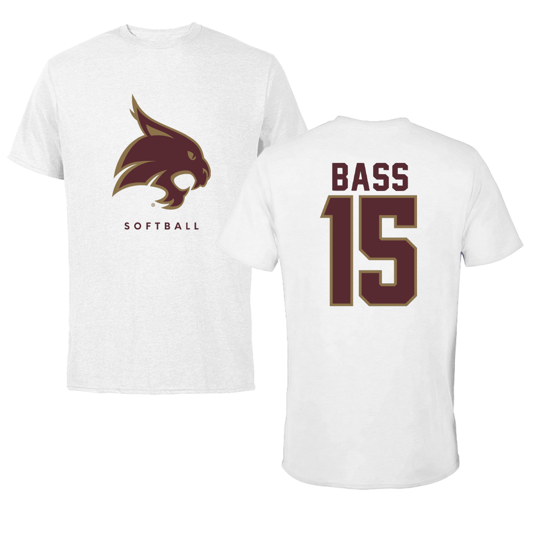 Texas State University Softball White Tee - #15 Karmyn Bass
