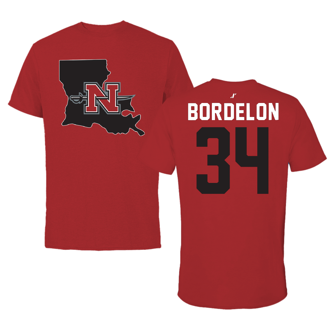 Nicholls State University Baseball Canvas Red State Tee - #34 Joe Bordelon