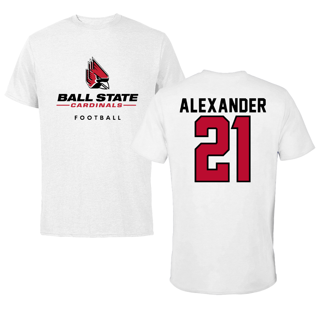 Ball State University Football White Performance Tee - #21 Jalen Alexander