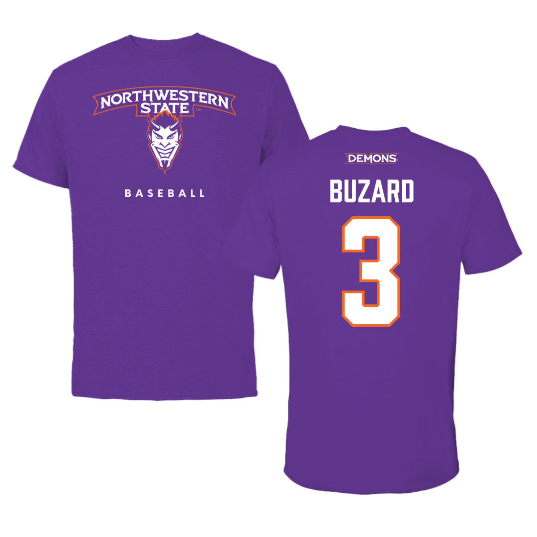 Northwestern State University Baseball Purple Mascot Tee - #3 Lathen Buzard