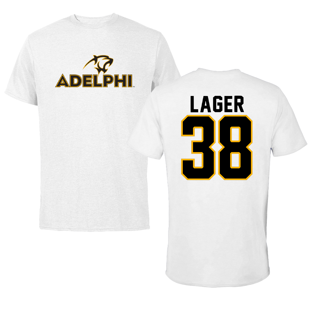 Adelphi University Soccer White Tee - #38 Ethan Lager