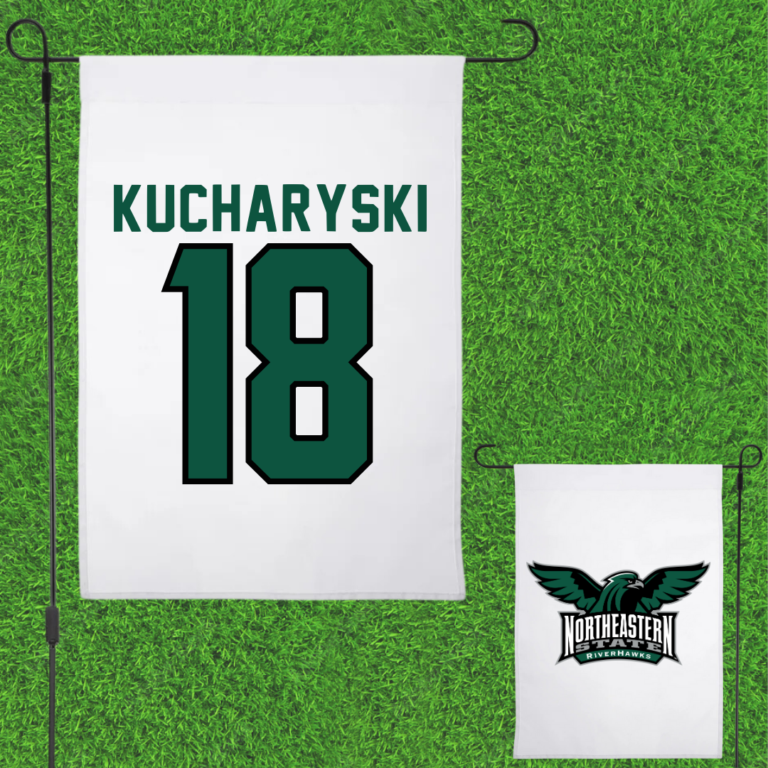 Northeastern State University Soccer White Garden Flag - #18 Olivia Kucharyski