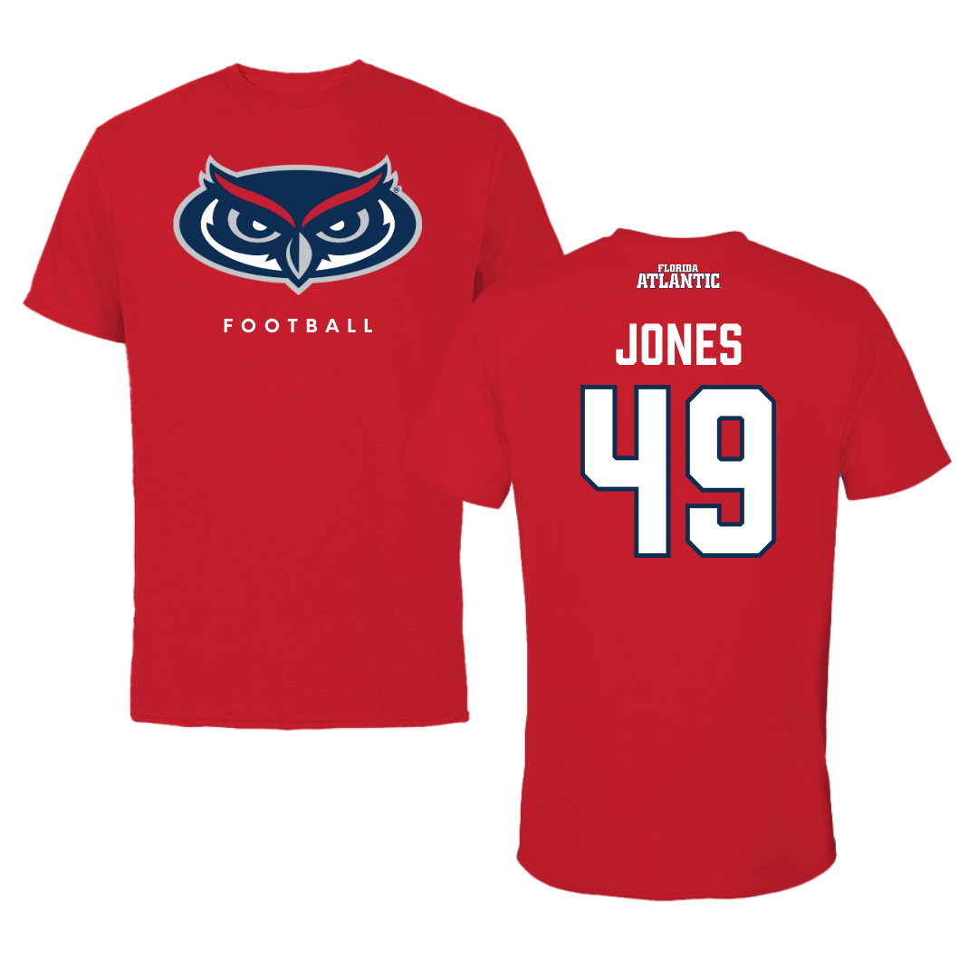 Florida Atlantic University Football Red Jersey Performance Tee - #49 Chris Jones