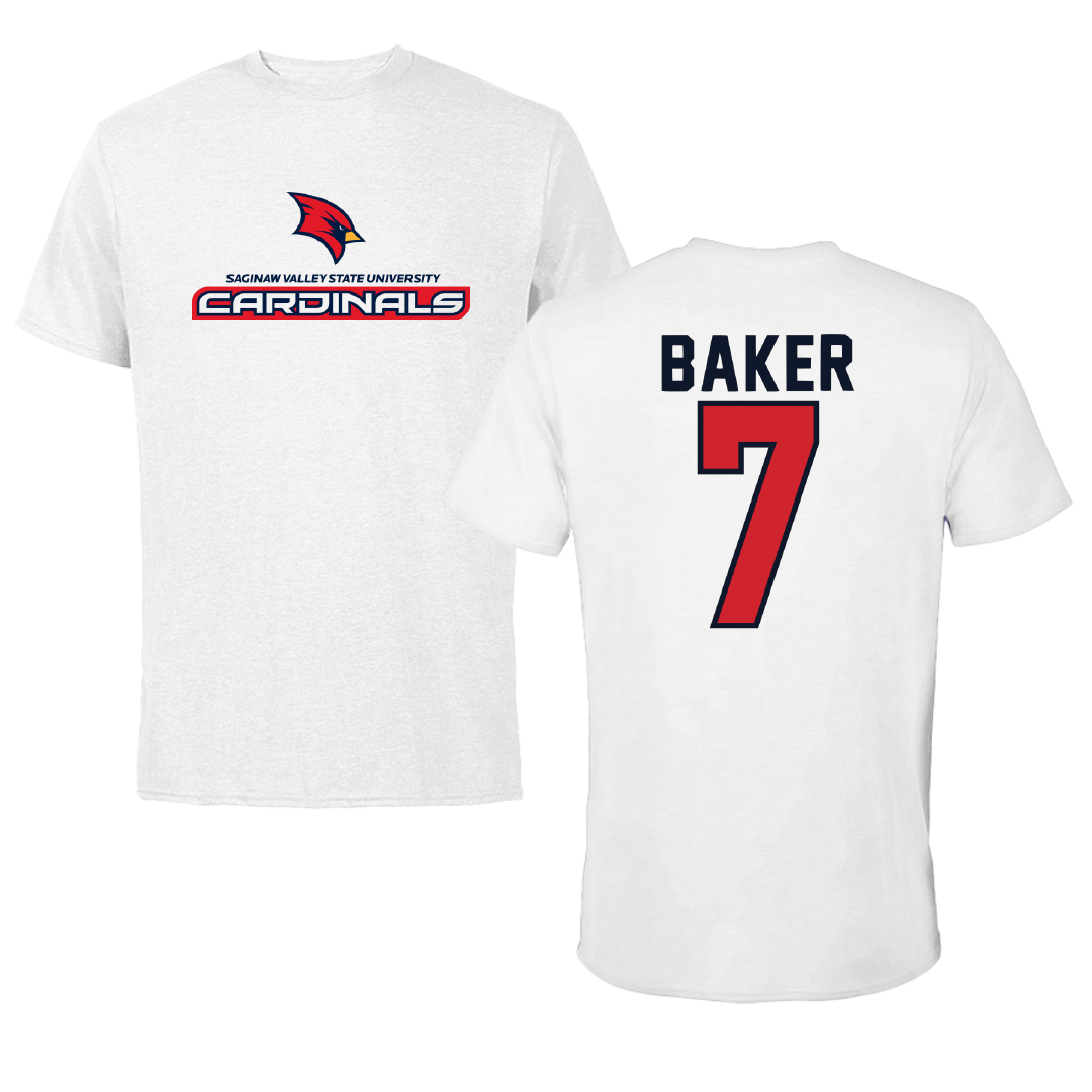 Saginaw Valley State University Soccer White Performance Tee - #7 Evan Baker