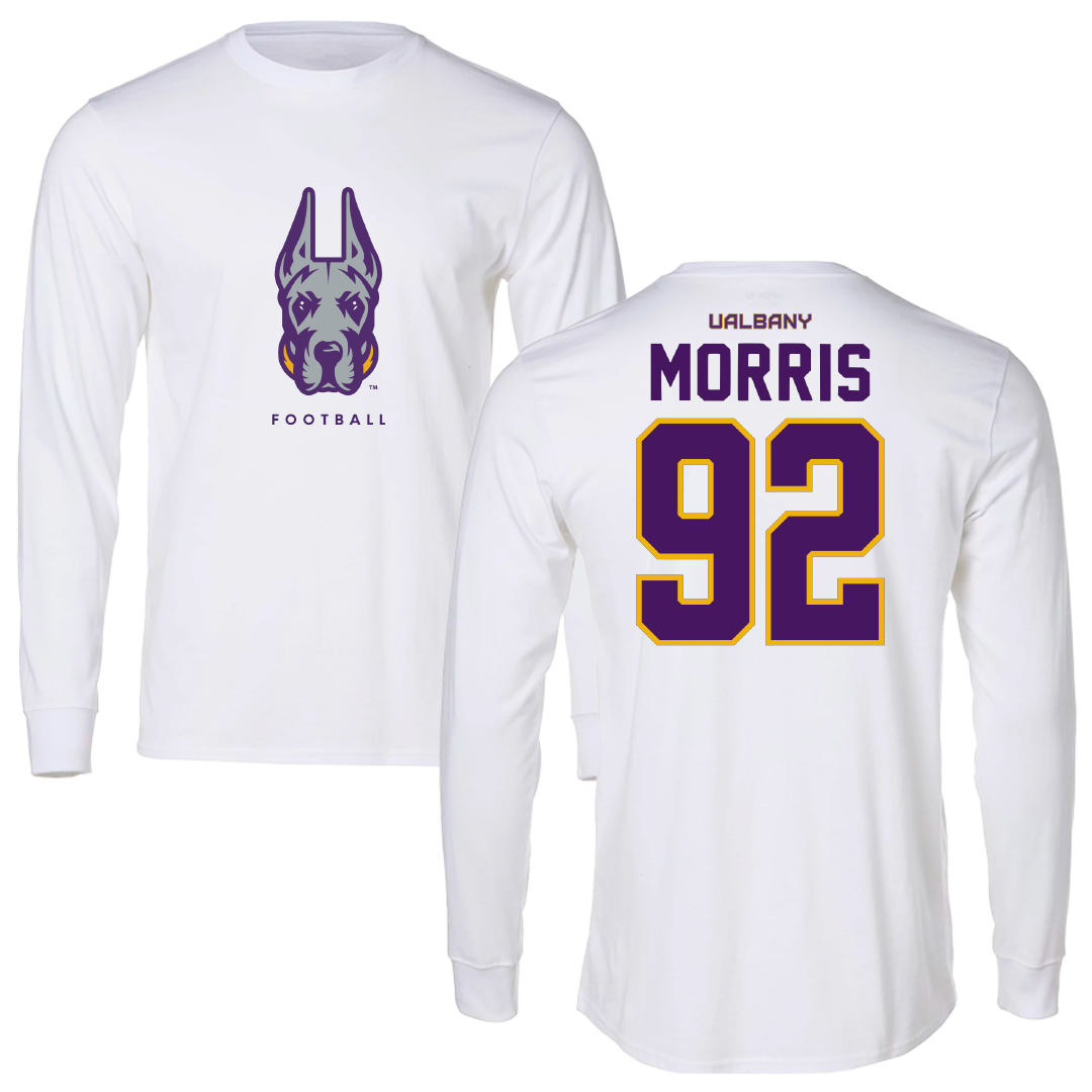 University at Albany Football White Performance Long Sleeve - #92 Zakar Morris