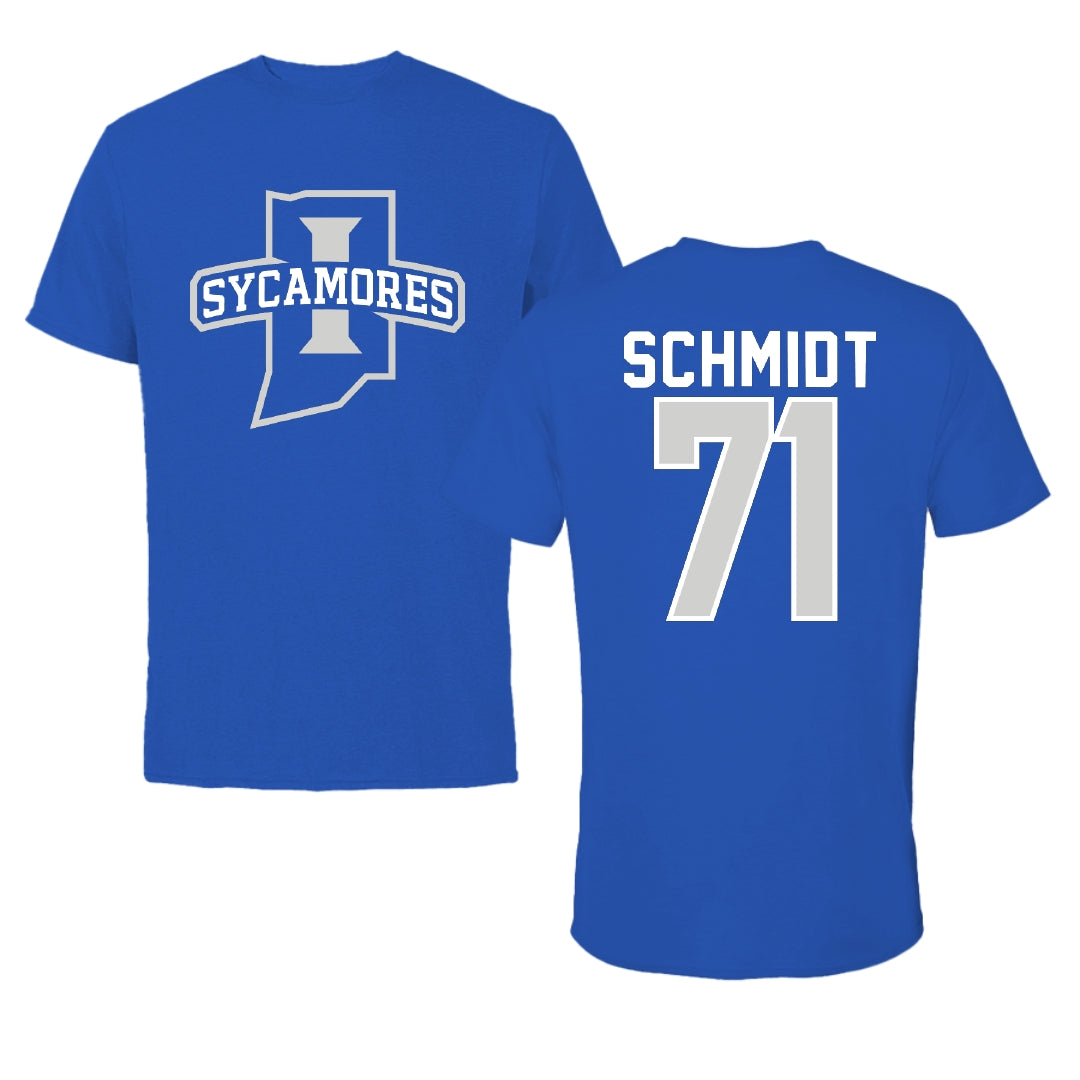 Indiana State University Football Blue Mascot Tee - #71 Carter Schmidt